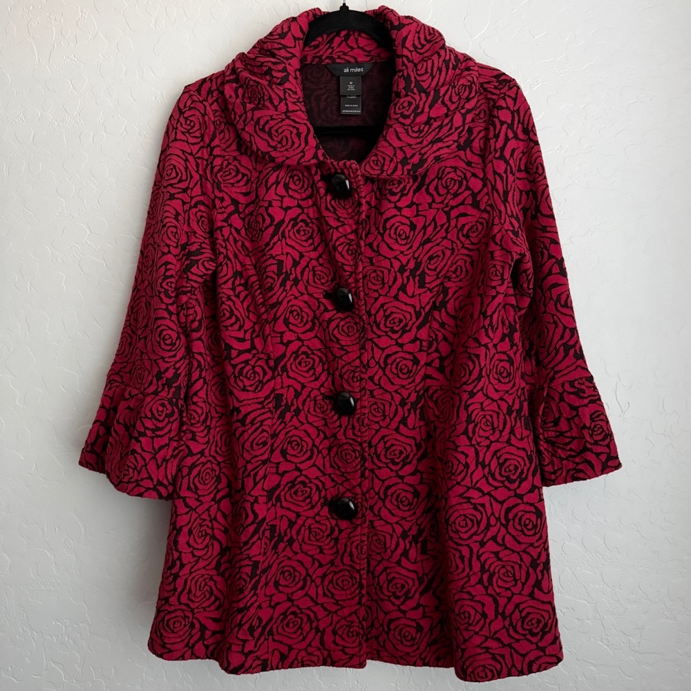 Ali Miles Women's Lagenlook Whimsical Rose Pattern Jacket Red Black Medium